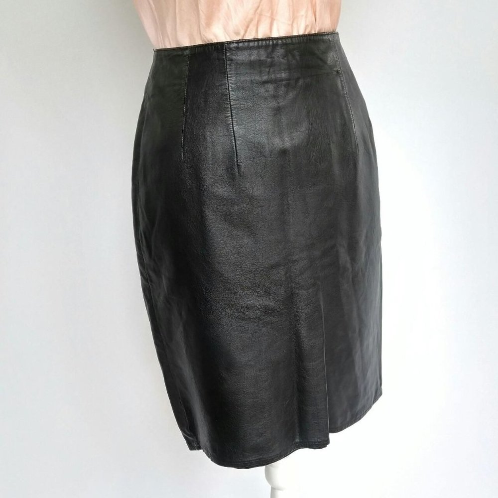 Vintage Brass Plum Y2K 90s Black Leather Pencil Skirt Size 9 Sm Med